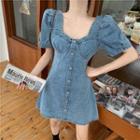 Puff-sleeve Slim-fit Denim Dress