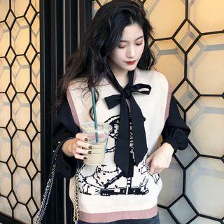 Jacquard Knit Vest / Puff Sleeve Shirt