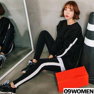 Tall Size Set: Layered-hem Contrast-trim Sweatshirt + Fleece-lined Sweatpants