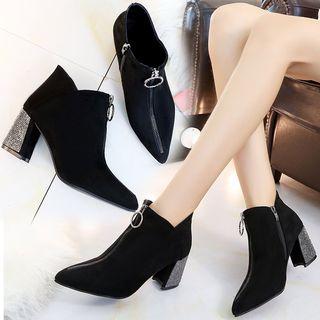Faux Suede Front Zipper Rhinestone Block Heel Ankle Boots