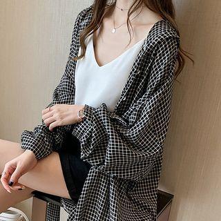 Plaid Button-up Hooded Long Jacket
