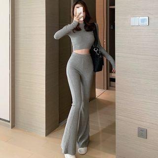Mock-neck Crop Knit Top / Boot-cut Pants