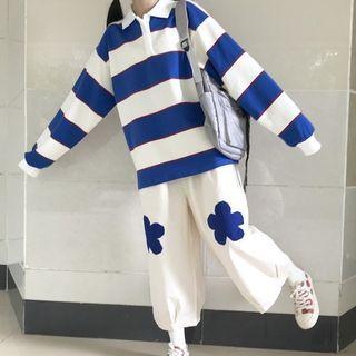 Polo-neck Striped Pullover / Wide-leg Pants