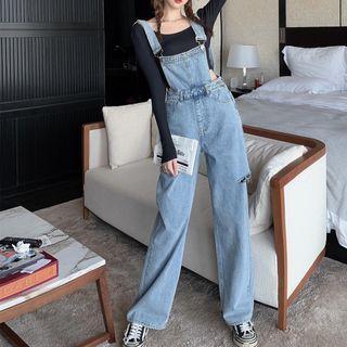 Distressed Denim Dungaree / Long-sleeve Crop T-shirt