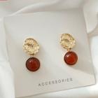 Irregular Alloy Disc Resin Bead Dangle Earring 1 Pair - 925 Silver Stud - Red - One Size