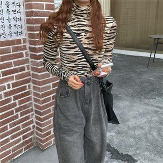 Turtleneck Leopard Long-sleeve T-shirt Leopard - Black & Brown - One Size