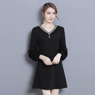 V-neck Ruffle Trim 3/4-sleeve Dress