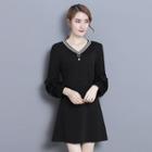 V-neck Ruffle Trim 3/4-sleeve Dress