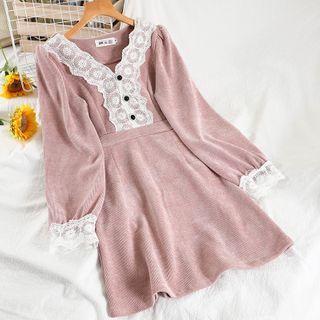 V-neck Lace Trim Mini A-line Dress