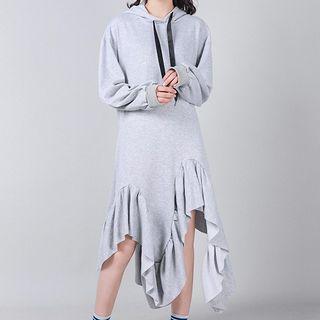 Ruffle Hem Drawstring Midi Hoodie Dress Gray - One Size