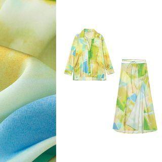 Long Sleeve Tie Dye Shirt / Lace Up Slit Skirt / Set
