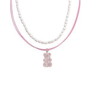 Bear Acrylic Layered Faux Pearl Necklace 1pc - Pink & White & Silver - One Size