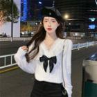 V-neck Lace Trim Ribbon Blouse