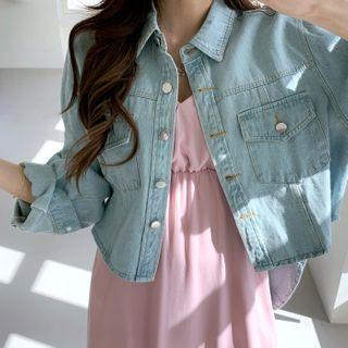 Cropped-front Denim Shirt Jacket Light Blue - One Size