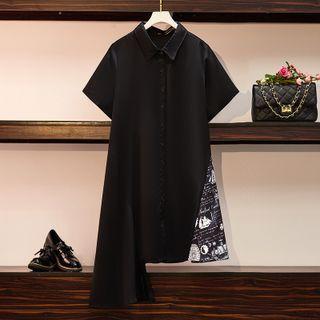 Short Sleeve Printed Panel Asymmetrical Hem Shirtdress