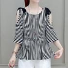 Cut Out Shoulder Striped 3/4 Sleeve Chiffon Blouse
