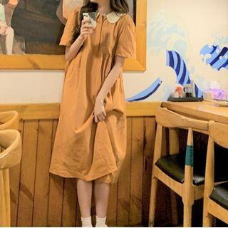 Short-sleeve Collar Plain Midi A-line Dress