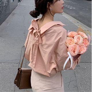 Collared Ribbon Tie-back Blouse