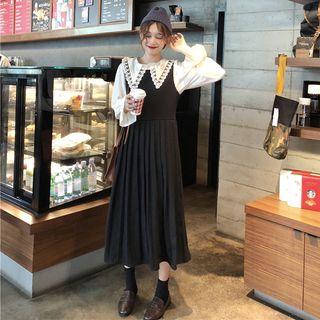 Lace Collar Blouse / Plain Midi Pinafore Dress