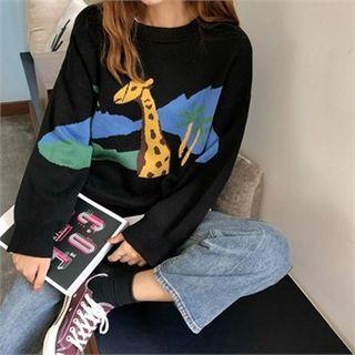 Printed Loose-fit Knit Top Black - One Size