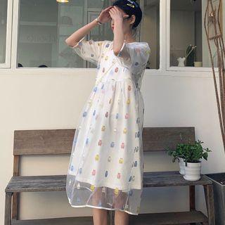 Set: Elbow-sleeve T-shirt Dress + 3/4-sleeve Patterned Mesh Dress T-shirt Dress - White - One Size / Mesh Dress - White - One Size