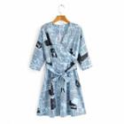 Elbow-sleeve Newspaper Print A-line Dress