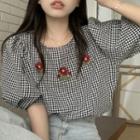 Puff-sleeve Floral Embroidered Gingham Check Blouse Black - One Size