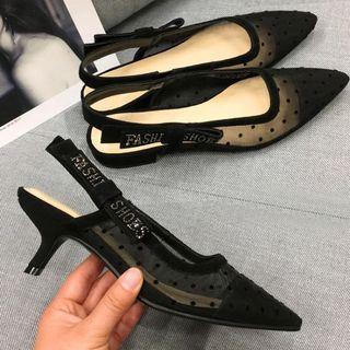 Genuine Leather Rhinestone Accent Mesh Panel Slingback Sandals