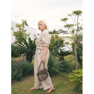 Plus Size Chelsea-collar Linen Blend Jumpsuit With Sash