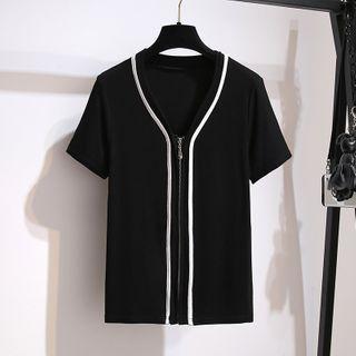 Contrast Trim Zip Detail Short-sleeve T-shirt