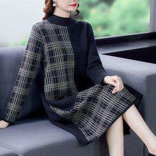 Mock-neck Plaid Midi Sweater Dress