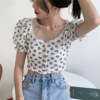 Short-sleeve Floral Button-up Top