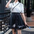 Set: Embroidered Short-sleeve Hanfu Blouse + A-line Skirt