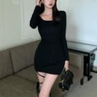 Boatneck Long Sleeve Plain Mini Sheath Dress