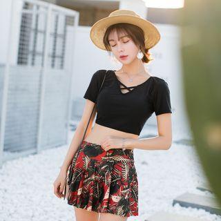 Set: Short-sleeve Bikini Top + Print Swim Skirt