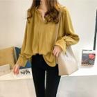Long-sleeve V-neck Plain Ruffle Trim Loose Fit Linen T-shirt
