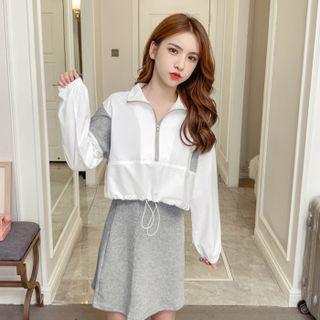 Set: Contrast Trim Half-zip Jacket + Mini T-shirt Dress