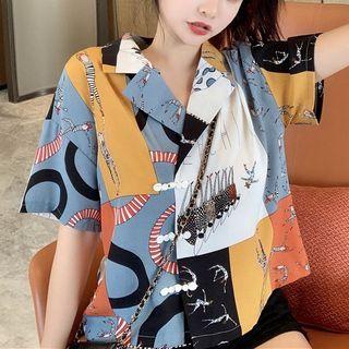 Short-sleeve Print Frog Buttoned Shirt White & Blue & Orange - One Size