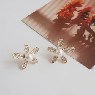 Faux Pearl Rhinestone Flower Earring 1 Pair - As Shown In Figure - One Size