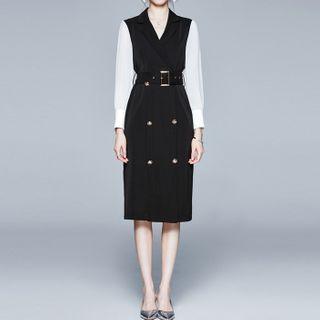 Puff-sleeve Double-breasted Paneled A-line Dress