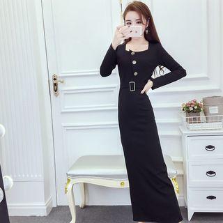 Square Neck Long-sleeve Midi Sheath Dress