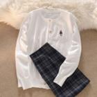 Long-sleeve Embroidered Cardigan / Plaid Skirt