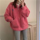 Plain Zip-up Cardigan Pink - One Size
