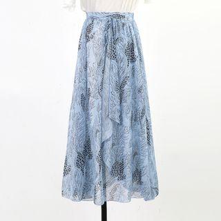 Leaf Print Chiffon Midi Skirt
