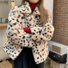 Turtleneck Knit Top / Leopard Print Fleece Button-up Coat