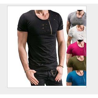 Zip Detail Ripped Short-sleeve T-shirt