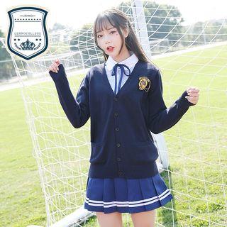 Set: Cardigan + Pinstriped Shirt + Pleated Skirt