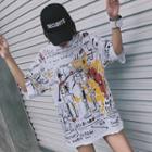 Robot Print Elbow-sleeve T-shirt