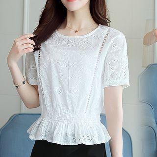 Short-sleeve Gathered Waist Eyelet Lace Top