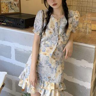 Short-sleeve Floral Print Button-up Top / Mini Skirt